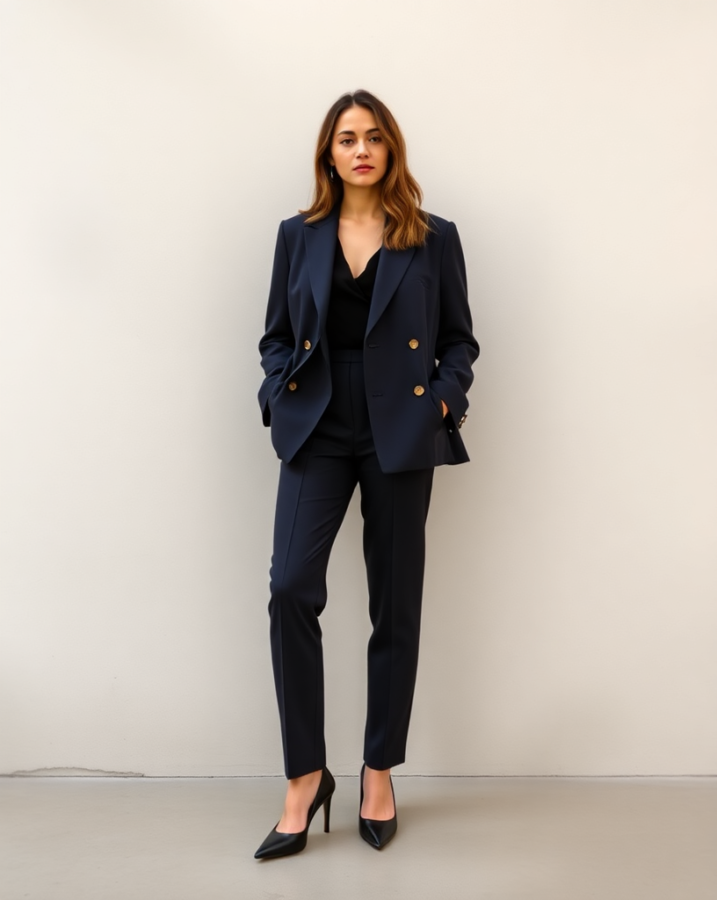 A lady dressed in a power suit: 90s reinvention, dress-to-impress style. #90sFashion #PowerSuit #DressToImpress #StylishAndPowerful