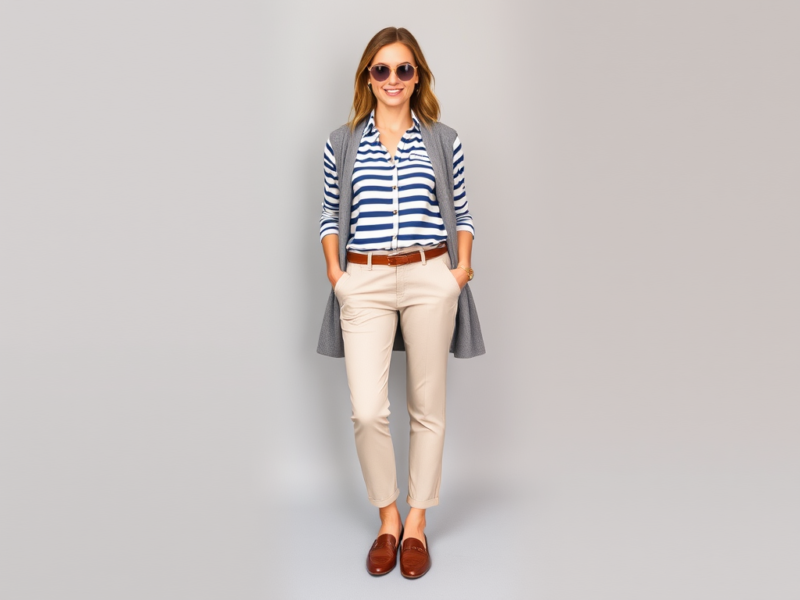 A woman embodies preppy style in a classic striped shirt and chino pants, creating a polished yet comfortable everyday outfit. #preppystyle #stripedshirt #chinopants #classicfashion #dailyoutfit