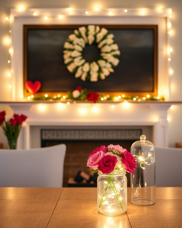 Romantic fairy lights adding a warm and enchanting glow to a farmhouse setting for Valentine's Day.