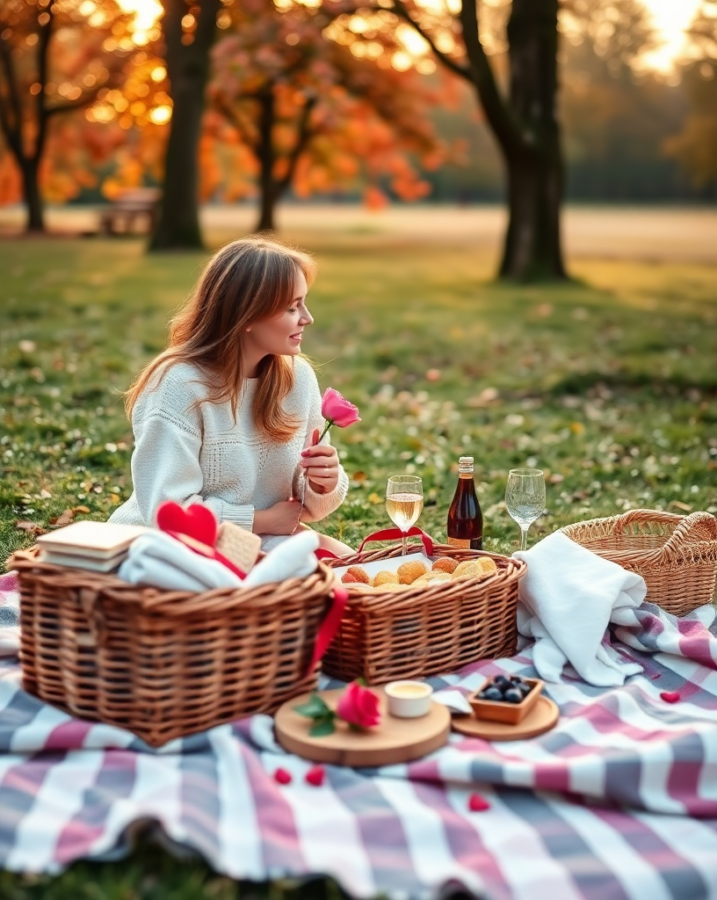 A romantic picnic basket filled with goodies, a charming and intimate way to celebrate Valentine's Day with your loved one.