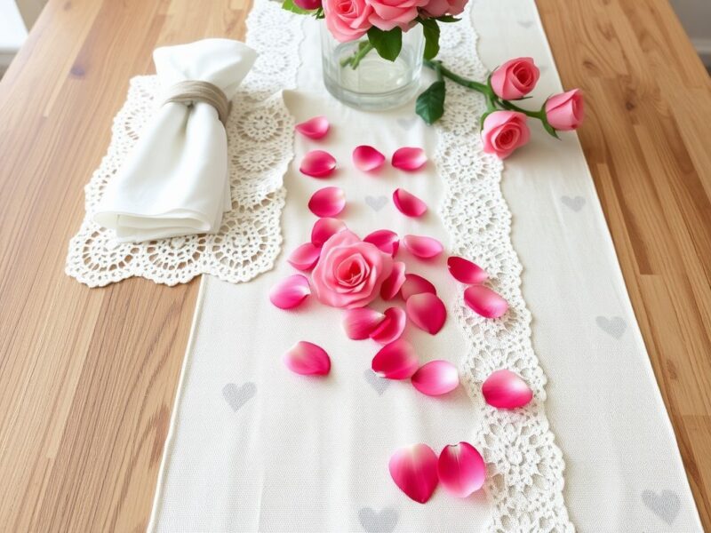 A romantic table runner adorned with hearts and lace, perfect for a Valentine's Day farmhouse setting.