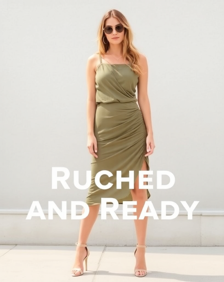 A lady dressed in a a green dress with ruching details, channeling the 90s trend, showcasing how to dress to impress with a retro yet modern vibe. #RuchedFashion #90sInspiration #DressToImpress #RetroVibes #TrendyStyle