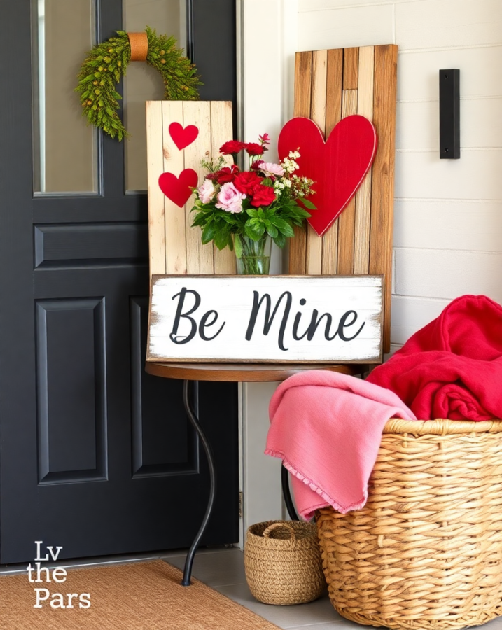 Rustic, wooden entryway signs welcoming guests to a Valentine's Day celebration in a farmhouse setting.