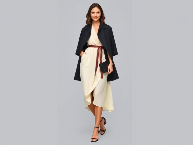 A lady dressed in a sophisticated outfit featuring a flowing silk midi dress elegantly layered beneath a luxurious cape coat, epitomizing the understated glamour of Old Money style.