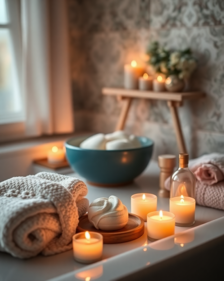 A luxurious spa day at home setup, complete with candles, essential oils, and a soothing bath, a perfect Valentine's Day gift for relaxation and rejuvenation.