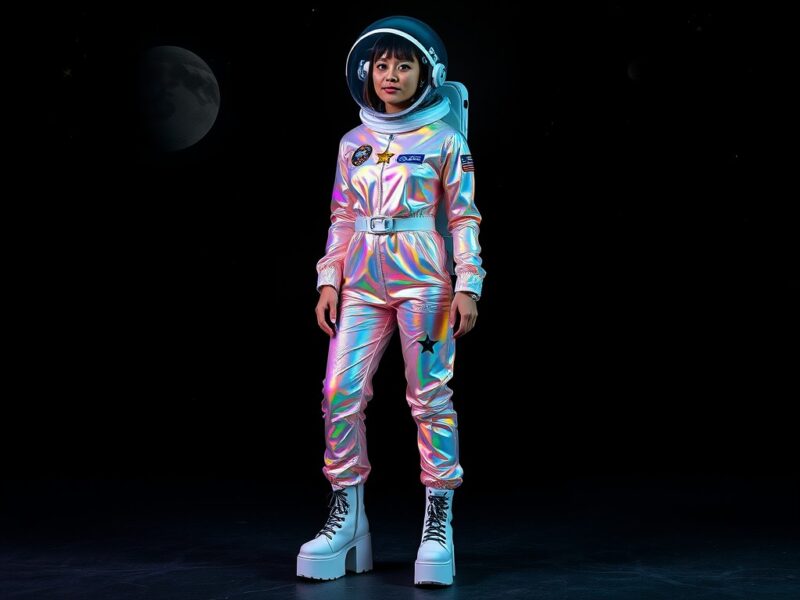 A lady dressed in a stylish and unique space cadet ensemble that's sure to turn heads at any Y2K-themed event.