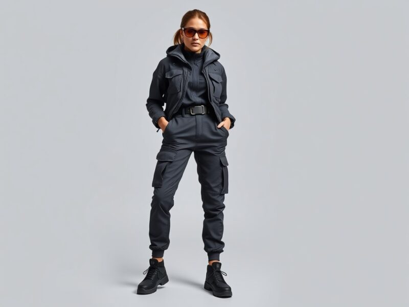 A lady dressed in a modern and edgy techwear look that blends futuristic style with a touch of Y2K rebellion.