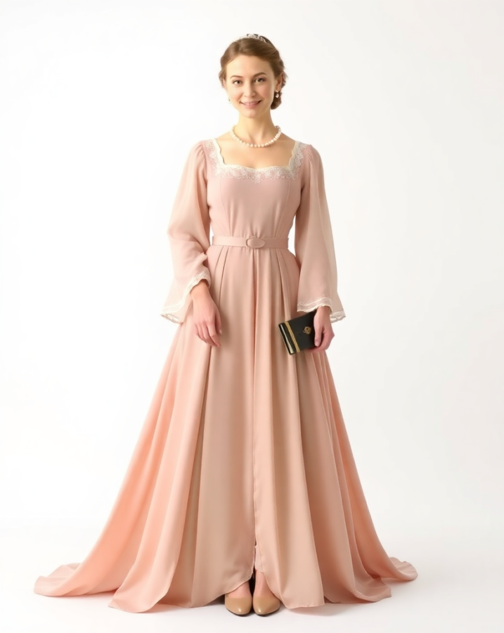 A flowing gown and delicate accessories adorn this elegant lady-in-waiting, a beautiful example of medieval dress to impress. #MedievalClothing #HistoricalCostumes #DressToImpress #LadylikeStyle #Grace