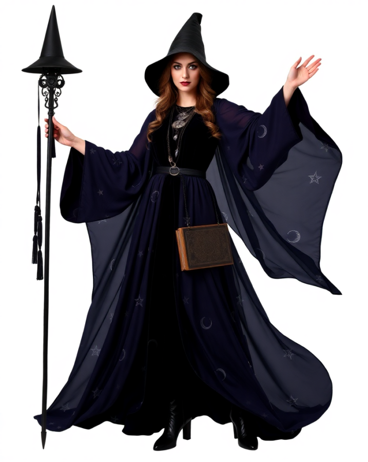 Flowing robes and mystical accessories adorn this enchanting sorceress, a bewitching example of medieval dress to impress. #MedievalMagic #FantasyCostumes #DressToImpress #SorceressFashion #EnchantingLook