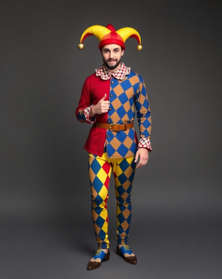 Mischievous court jester: Dressed to impress with laughter and flair. #CourtJester #DressToImpress #MedievalStyle #JesterFashion