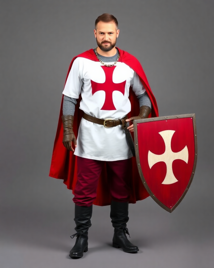 A stalwart crusader displays his [heraldic symbol/weapon], showcasing the personalized details and style of medieval dress to impress for a warrior on a holy quest. #Crusader #[Symbol/Weapon] #Heraldry #DressToImpress #MedievalFashion