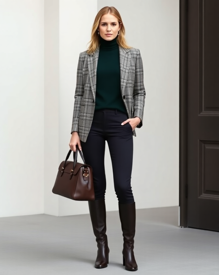 A lady dressed in a timeless Old Money outfit featuring a classic tweed blazer paired with a refined dark green turtleneck, exuding understated elegance.