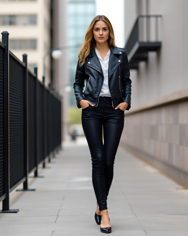 A woman exudes urban edge in a classic leather jacket and black pants, creating a cool and confident everyday outfit. #urbanstyle #leatherjacket #blackpants #edgyfashion #dailyoutfit