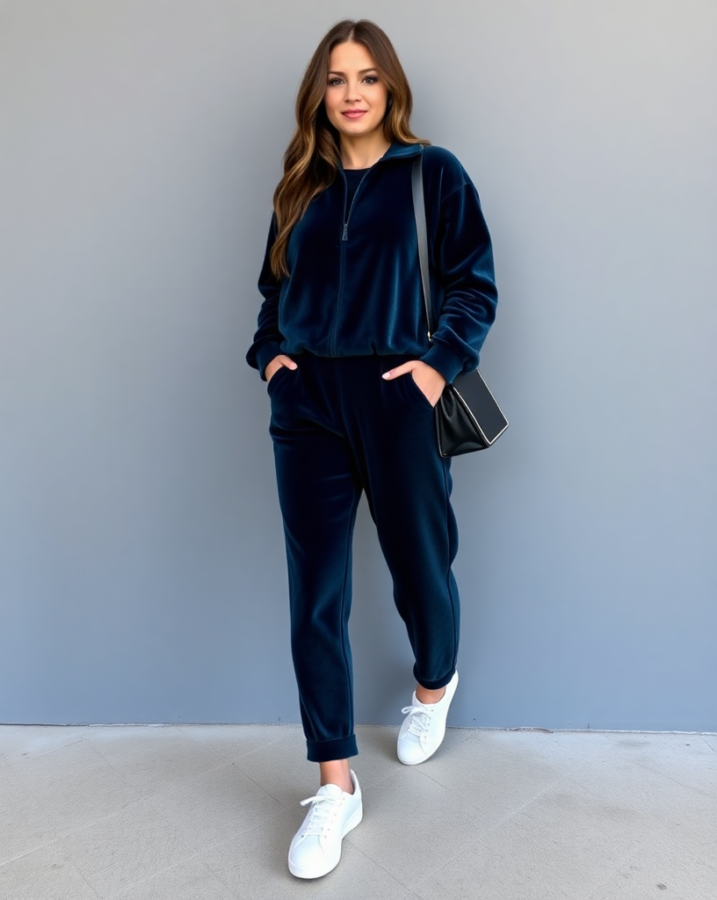 A lady dressed in a velour tracksuit, tapping into the nostalgic vibes of 90s fashion and offering a comfy and chic dress-to-impress outfit. #90sStyle #VelourTracksuitFashion #DressToImpress #NostalgicVibes #CozyChic