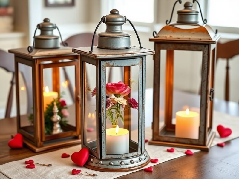 Vintage lanterns filled with twinkling lights, creating a warm and inviting atmosphere for a Valentine's Day farmhouse celebration.