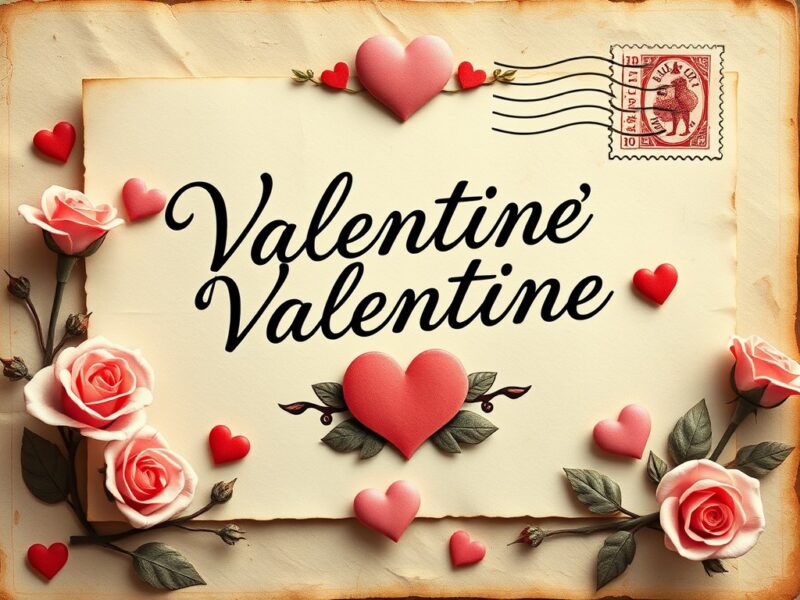 A nostalgic Valentine's Day wallpaper featuring vintage postcards with romantic illustrations and messages.