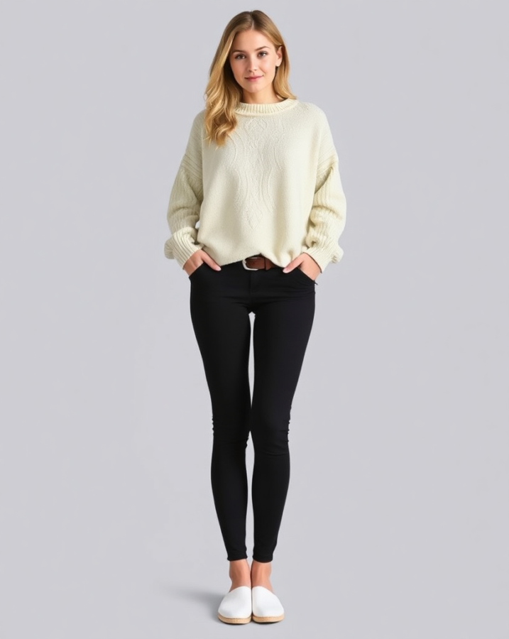 A woman looks relaxed yet chic in an oversized sweater and leggings, perfect inspiration for a casual everyday look. #casualstyle #sweaterweather #leggingslove #outfitinspiration #dailyfashion