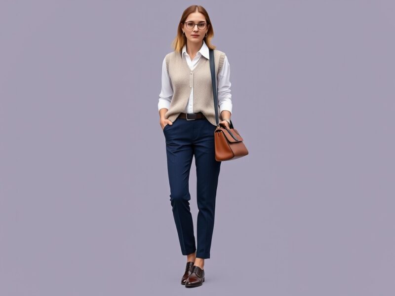 A lady dressed in a timeless Old Money outfit featuring a crisp white button-up shirt layered beneath a classic sweater vest and tailored trousers, exuding understated elegance.