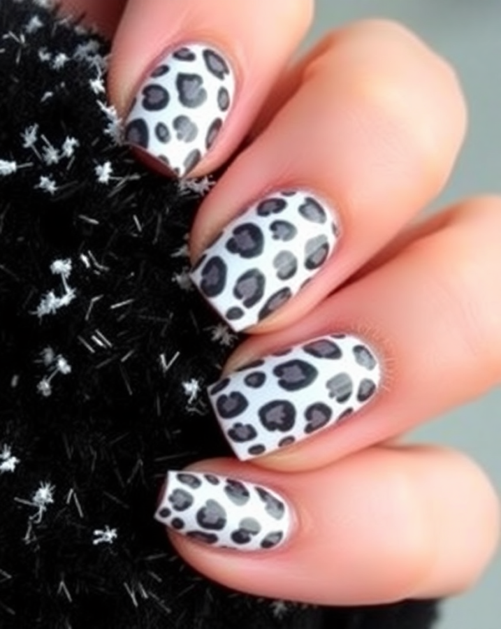 A close-up of unique nails featuring a striking white leopard print design, adding a touch of wild elegance to winter.