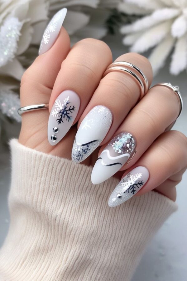 A close-up of elegant nails featuring a stunning combination of white and silver, perfect for winter.