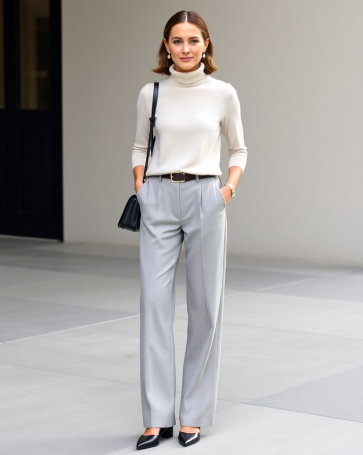 A lady dressed in a timeless Old Money outfit featuring luxurious wide-leg trousers paired with a cozy cashmere turtleneck, exuding understated elegance and effortless sophistication.