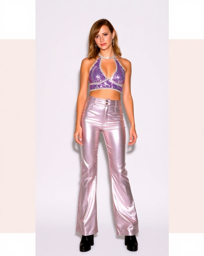 A lady dressed in Y2K pop star glam exudes fun and glamour, demonstrating how to dress to impress with a touch of early 2000s sparkle and confidence. #Y2KFashion #PopStarGlam #DressToImpress #GlamorousStyle #FunAndFlirty