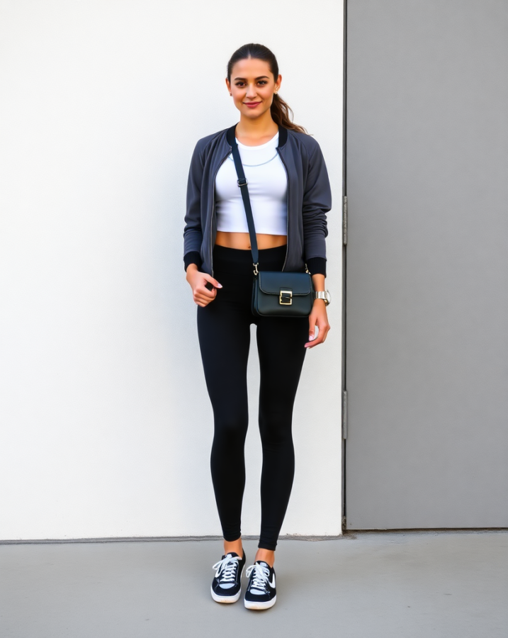 A woman effortlessly blends comfort and style in a chic athleisure outfit, perfect for an active yet fashionable everyday look. #sportychic #athleisure #activewear #casualstyle #dailyoutfit