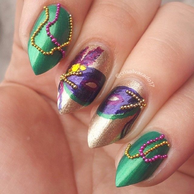 Celebrate Mardi Gras with these vibrant and festive beaded nails.  #BeadedNails #MardiGrasVibes 