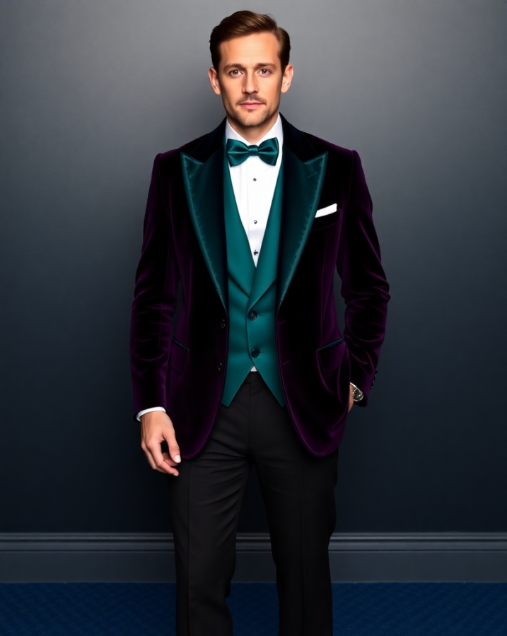 A man dressed in a luxurious bespoke velvet smoking jacket, a sophisticated choice for the Met Gala. #MetGalaOutfit #VelvetJacket #CustomMade #GentlemanStyle