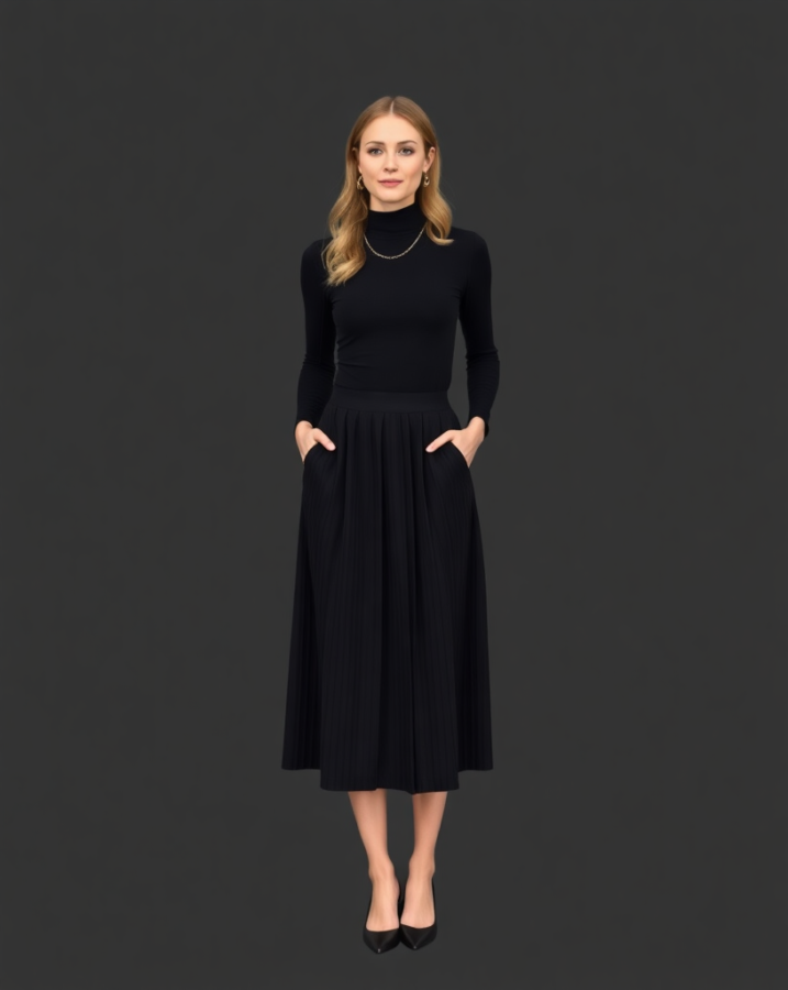 This versatile black turtleneck and pleated midi skirt pairing can be dressed up or down for various minimalist spring party occasions in 2025. #SpringPartyOutfits2025 #MinimalistStyle #VersatileOutfit #PartyLook #ChicSeparates