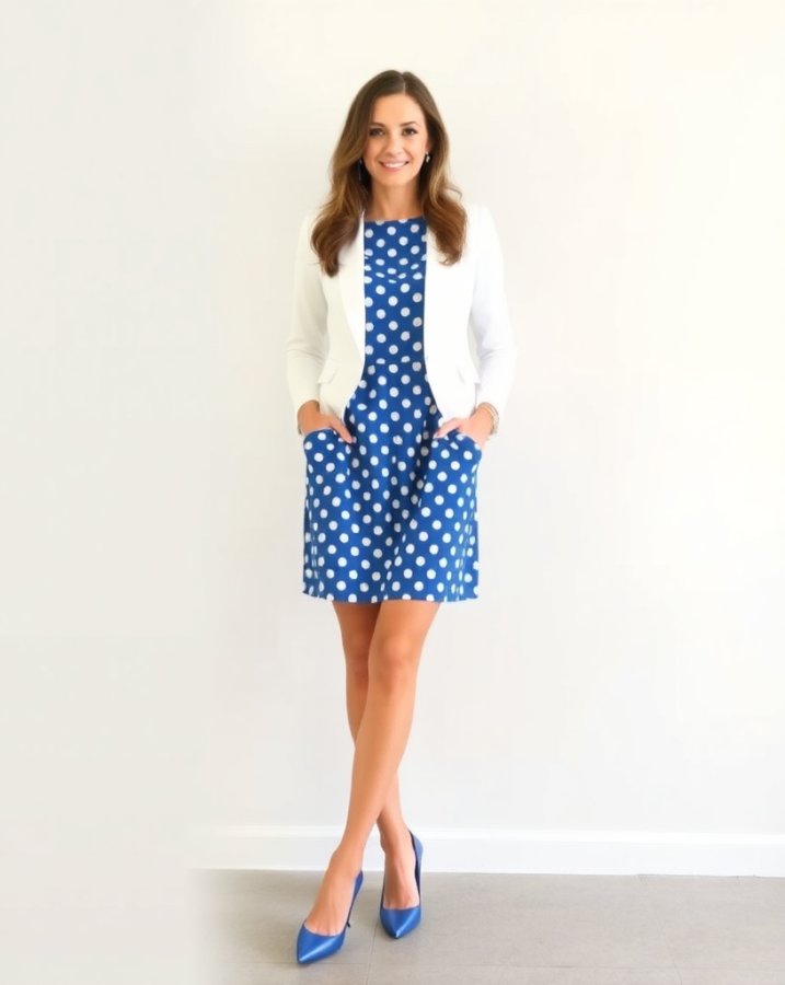 A lady dressed in a blue polka dot dress, layered with a crisp white blazer for a classic spring look. #polkadotdress #whiteblazer #springfashion