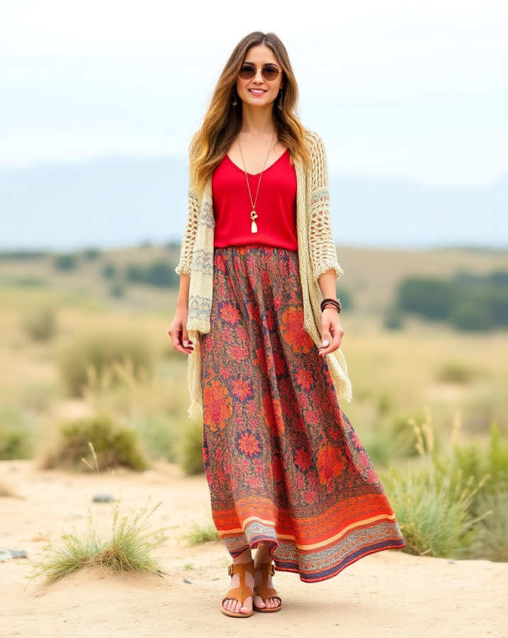 pair your red tank with a flowy skirt for bohemian look