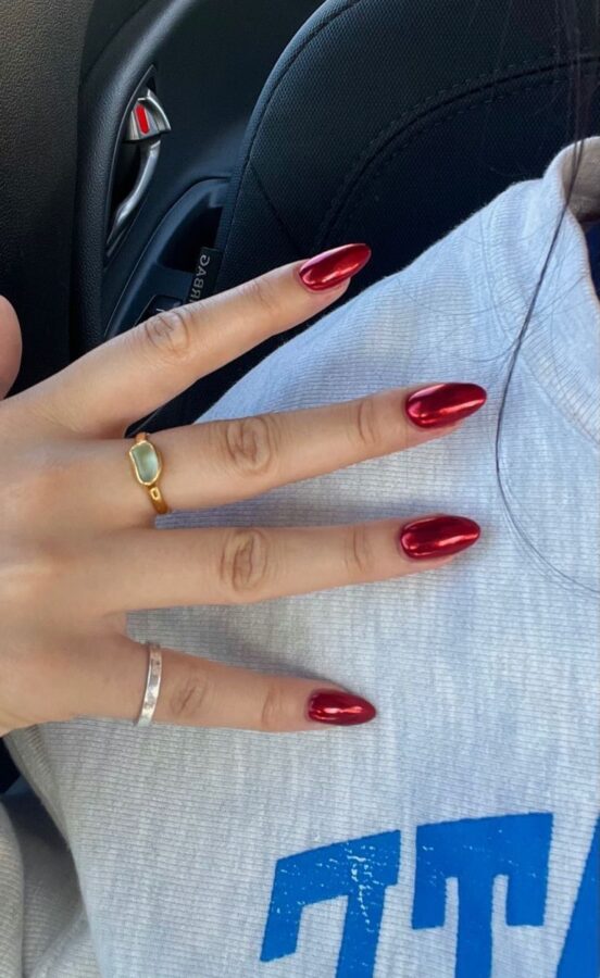 Burgundy Chrome Almond-shaped Nails