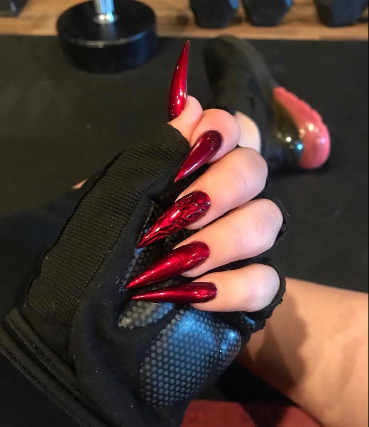 Burgundy Chrome Stiletto Nails