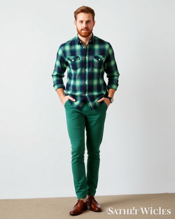 a button-up plaid shirt with green chinos