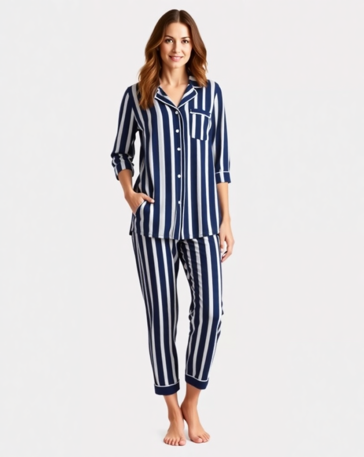 A stylish pajama day look featuring a classic striped set paired with [mention accessories, like slippers, a robe, or a hair accessory]. Dress to impress doesn't mean sacrificing comfort! #PajamaDayAccessories #CozyStyle #EffortlessChic #DressToImpressComfortably