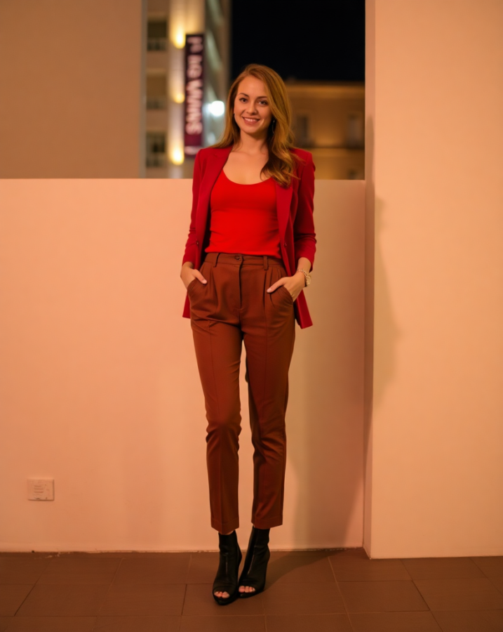 red tank top with a high-waisted skirt 