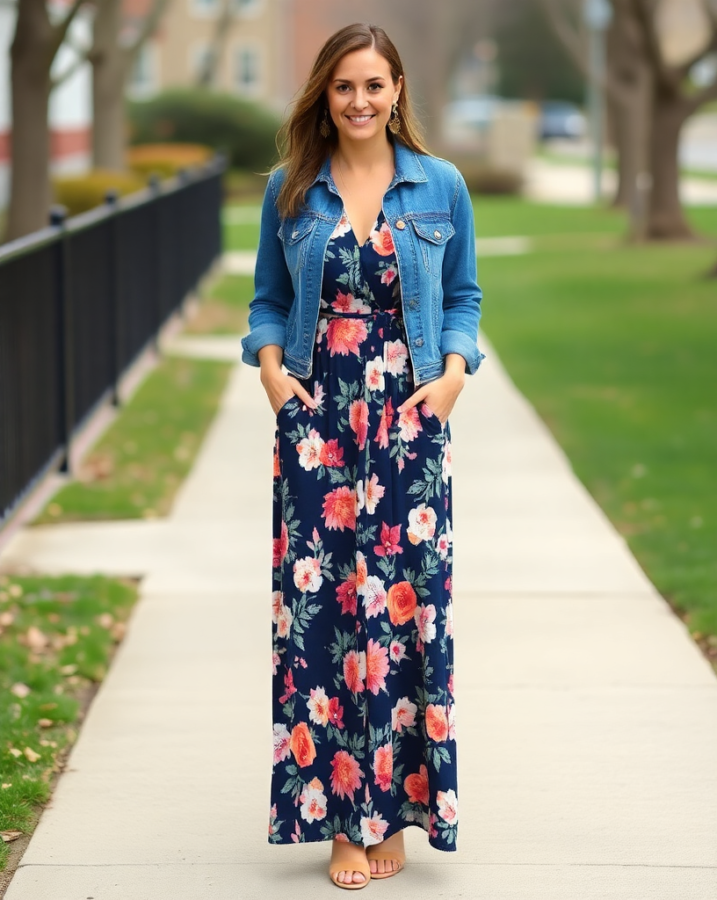 A lady dressed in a beautiful floral maxi dress, layered with a denim jacket for a touch of casual cool, creating a stylish spring dress outfit. #springdressoutfit #maxidress #denim