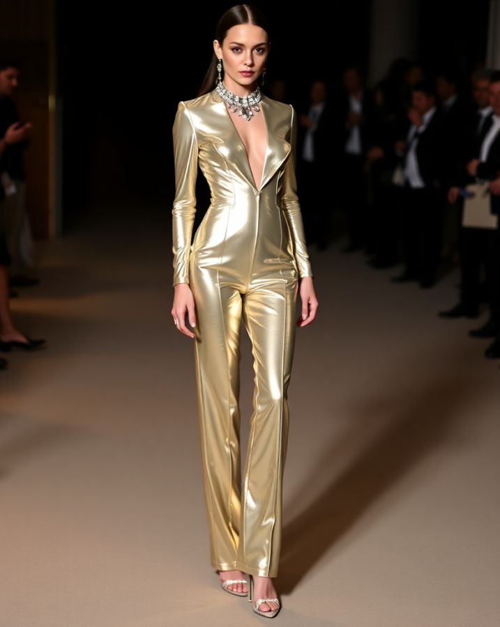 Embracing the future of fashion: a metallic jumpsuit makes a dazzling appearance at the Met Gala. #MetGalaLook #FuturisticVibes #SpaceAgeFashion #MetallicGlamour