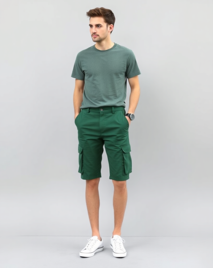 A green graphic tee with cargo shorts.