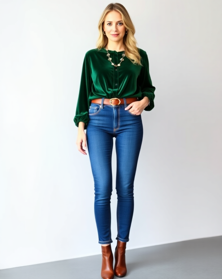 A lady dressed in a stylish green velvet blouse and high-waisted jeans, a chic spring outfit. #velvetblouse #highwaistedjeans #springfashion