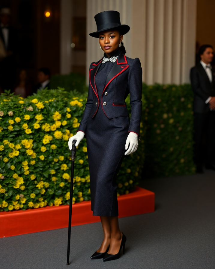 A lady dressed in a historically-inspired Black dandyism ensemble, showcasing the rich history of Black style at the Met Gala. #MetGalaLook #BlackStyle #HistoricalInfluence #Dandyism #MetGalaFashion #CulturalHeritage #FashionStatement #Elegance