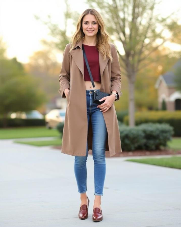 A lady dressed in a khaki trench coat, cropped top, and jeans, a stylish spring outfit. #trenchcoat #croppedtop #jeans #springfashion