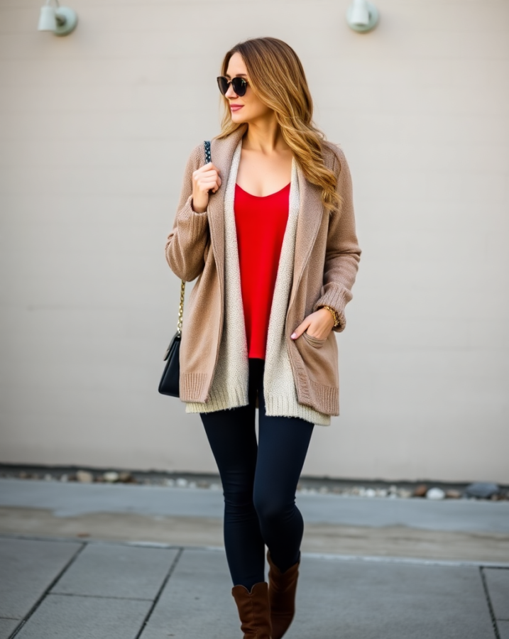 Add red tank top underneath a cozy sweater