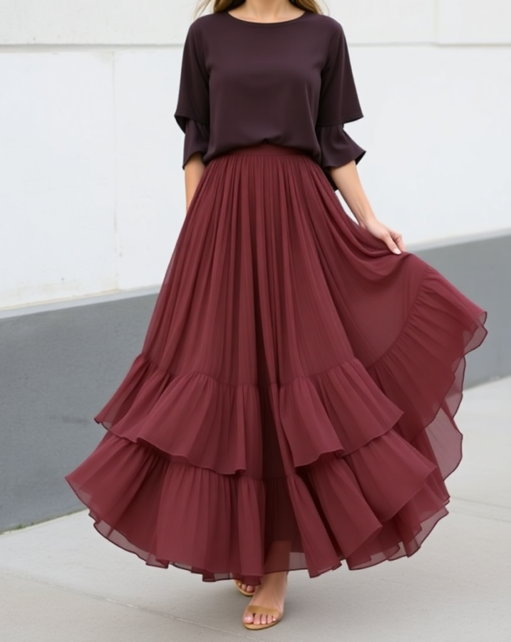 The flowing layers of this maxi skirt create a beautiful sense of movement in this minimalist spring party outfit for 2025. #FlowingMaxiSkirt #LayeredMovement #SpringStyle #MinimalistChic #2025Fashion