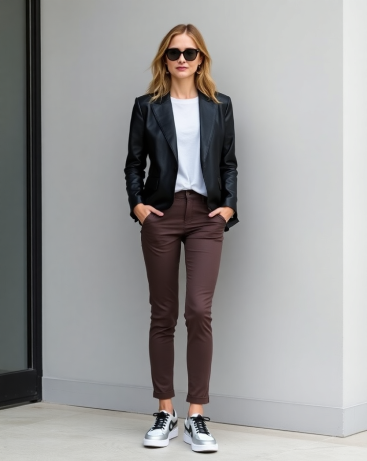 Channel your inner star! This lady shows how to dress to impress with a chic leather blazer, creating a sophisticated and edgy vibe. #DressToImpressOutfit #LeatherJacket #CelebrityFashion #EdgyChic