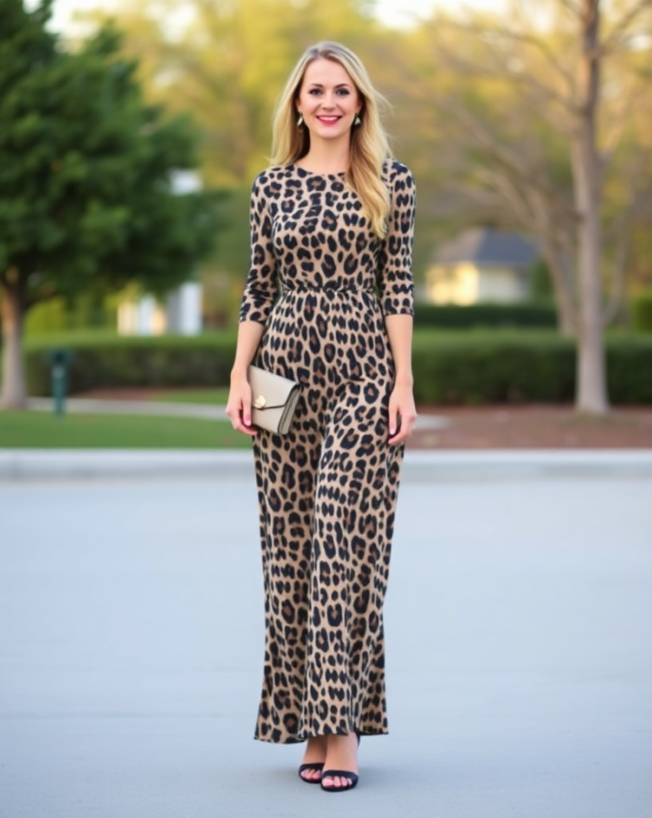 A lady dressed in a flowing leopard print maxi dress, paired with stylish heels for a chic spring look. #leopardprintdress #maxidress #springfashion