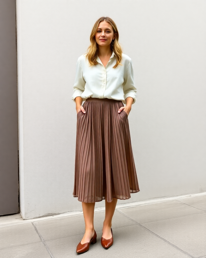 The natural texture of the linen blouse paired with the flowing movement of the pleated skirt creates a beautiful and minimalist spring party outfit for 2025. #LinenAndPleats #SpringPartyOutfits2025 #NaturalFabrics #MinimalistStyle #TexturedOutfit