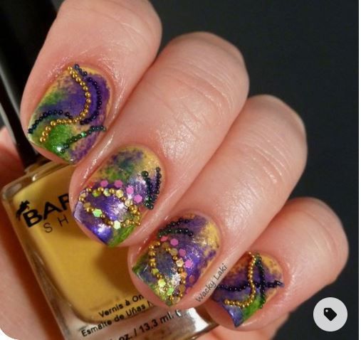 Playful and vibrant, these beaded nails capture the spirit of Mardi Gras. #BeadedNails #PlayfulNails 