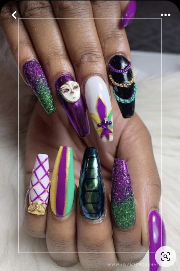 Playful and mysterious, these mask-inspired nails capture the spirit of Mardi Gras.